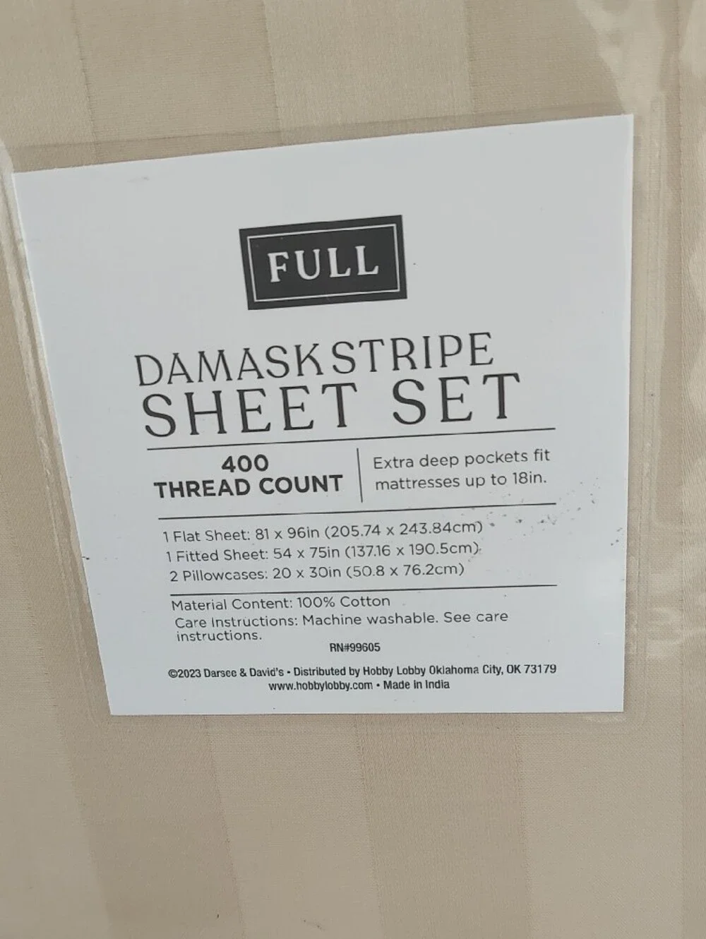 D&D Damask Stripe Sheet Set in Cream - Full